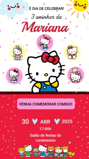 Convite de Aniversário Infantil Hello Kitty Fofo para Editar