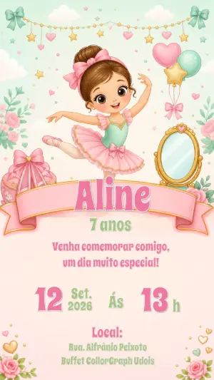 Convite de Aniversário Bailarina Delicada para Editar
