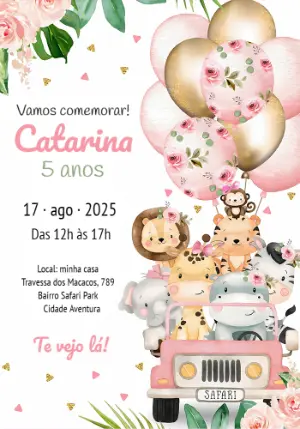 Convite Aniversário Safari Rosa com Animais Fofos para Editar