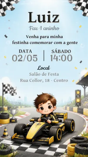 Convite Aniversário Fórmula 1 Infantil Editável para Menino