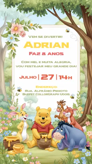 Convite de Aniversário Ursinho Pooh e Turma para Editar Online