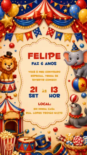 Convite Digital Aniversário Circo Colorido para Editar