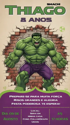Convite Digital Aniversário do Hulk Modelo Editável