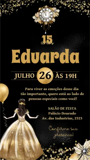 Convite 15 Anos Princesa Dourado e Preto para Editar Online