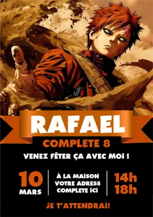 Invitation Anniversaire Gaara Naruto | Modèle numérique à modifier