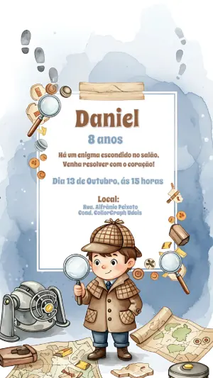 Convite Aniversário Detetive Infantil para Editar Online