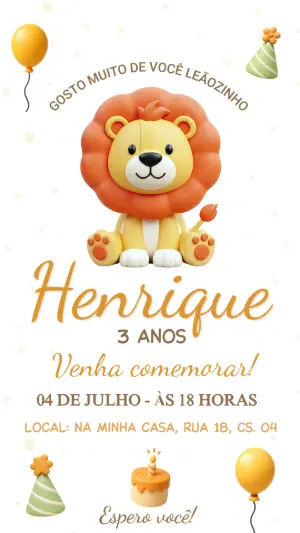 Convite de Aniversário Leãozinho Fofo 3D para Editar