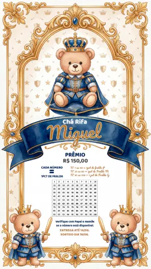 Chá Rifa Ursinho Príncipe Azul e Dourado Editável