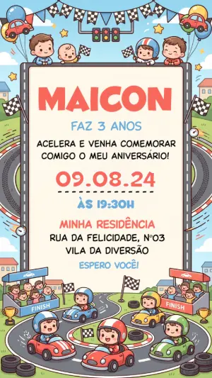 Convite de Aniversário Infantil Corrida de Carros Editável