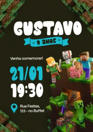 Convite de Aniversário Minecraft com Personagens para Editar
