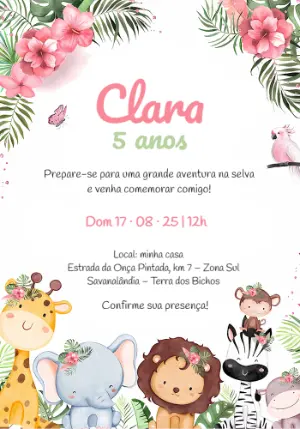 Convite de Aniversário Safari Floral para Menina Editável