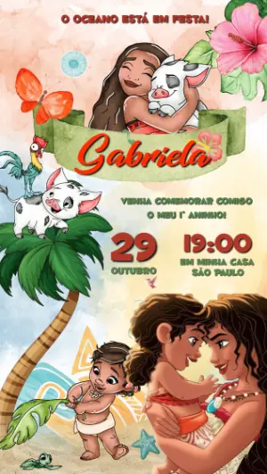 Convite de Aniversário Moana Aquarela para Editar Online