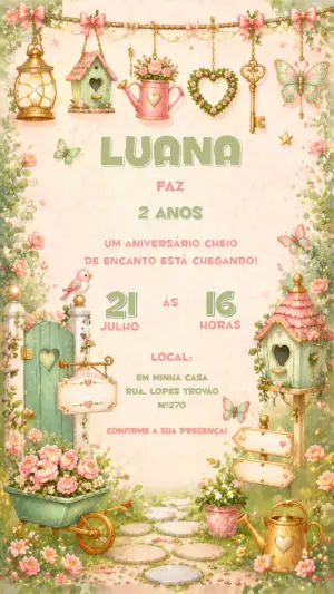 Convite de Aniversário Jardim Encantado Aquarela Modelo Editável