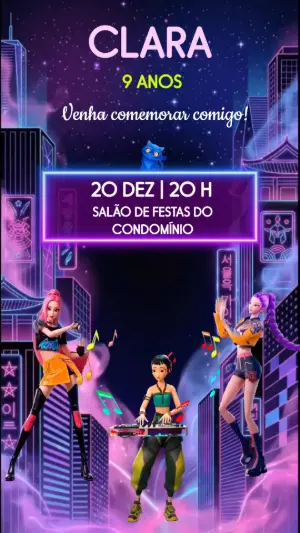 Convite Animado Aniversário Guerreiras do K-pop Neon Editável