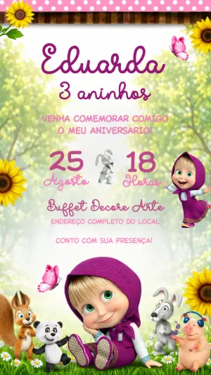 Convite de Aniversário Masha e o Urso Infantil para Editar