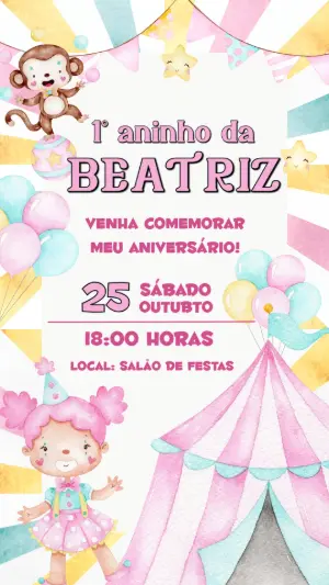 Convite Aniversário Circo Rosa Aquarela Menina Editável