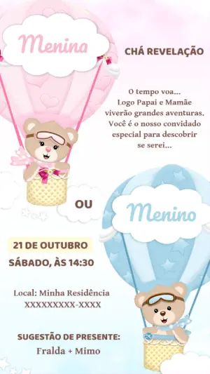 Convite Chá Revelação Ursinhos Baloeiros para Editar Online