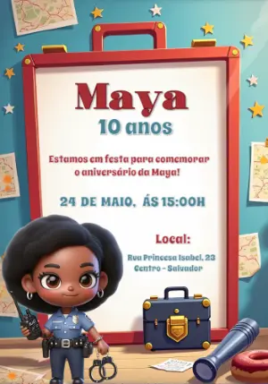 Convite Aniversário Policial com Menina para Editar Online