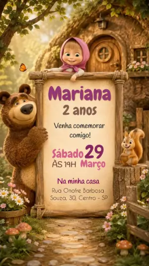 Convite Animado Masha e o Urso: Vídeo Editável para Aniversário