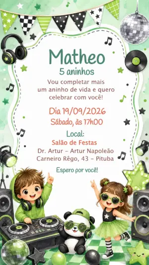 Convite de Aniversário DJ Balada Infantil Editável