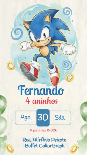 Convite de Aniversário Sonic Aquarela para Editar Online