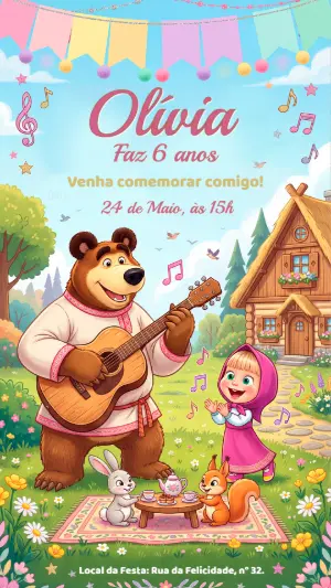 Convite de Aniversário Masha e o Urso Editável