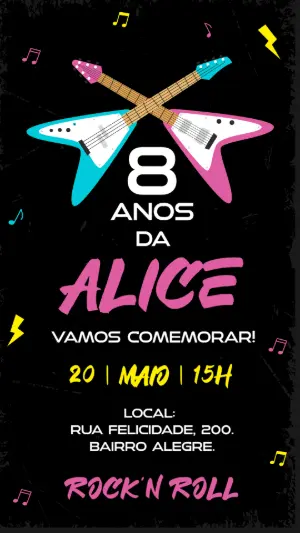 Convite de Aniversário Rock Menina com Guitarra para Editar