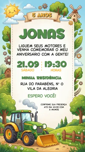 Convite de Aniversário Infantil Trator Fazendinha Editável