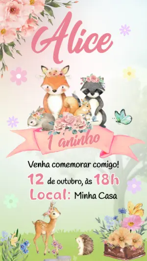 Convite Digital Aniversário Infantil Bosque Encantado Editável