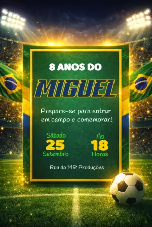 Convite de Aniversário Futebol Brasil Editável para Menino