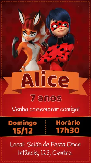 Convite de Aniversário Ladybug e Rena Rouge para Editar Online