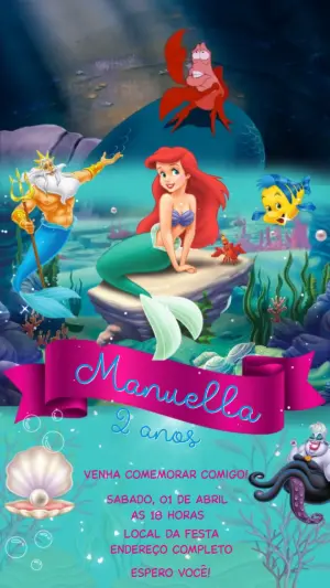 Convite Animado de Aniversário Pequena Sereia para Editar