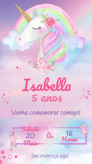 Convite de Aniversário Unicórnio Aquarela para Editar Online