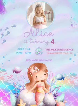 Under the Sea Mermaid Party Invite with Photo - Editable Template