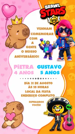 Convite Aniversário Duplo Capivara e Brawl Stars Editável