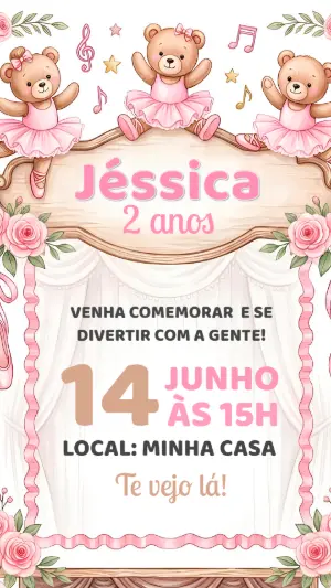 Convite de Aniversário Ursinha Bailarina Rosa Editável