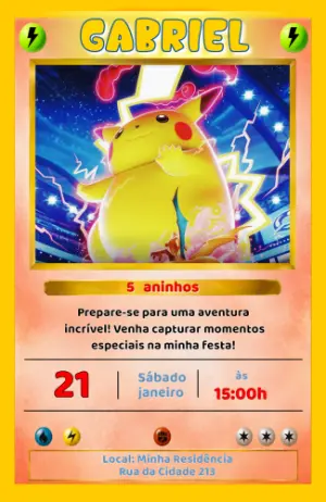 Convite de Aniversário Pokémon Card Editável para Festa Infantil