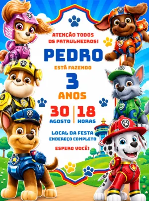 Convite de Aniversário Patrulha Canina Colorido para Editar
