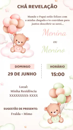 Convite Chá Revelação Ursinhos Aquarela para Editar Online