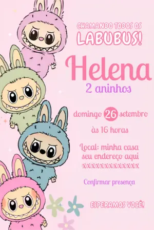 Convite de Aniversário Labubu com Bonecos Fofos para Editar