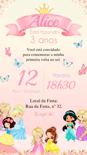 Convite de Aniversário Princesas Delicado para Editar