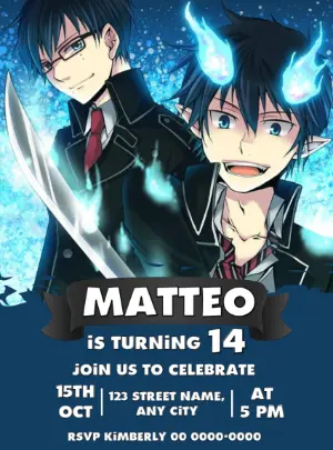 Blue Exorcist Anime Birthday Invitation Editable Template