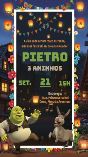 Convite de Aniversário Shrek com Personagens para Editar