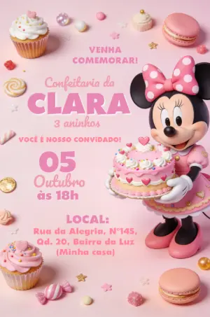 Convite de Aniversário Minnie Confeitaria Rosa para Editar