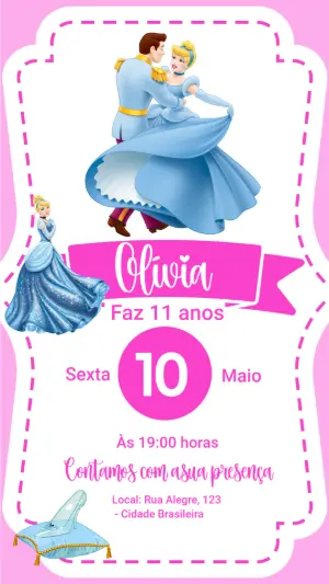 Convite de Aniversário Cinderela Princesa Disney Editável