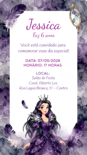 Convite de Aniversário Princesa Sombria Roxo Editável