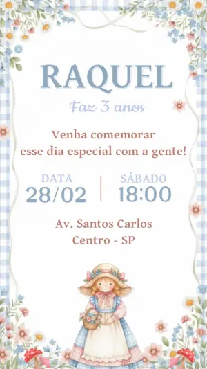 Convite Digital Festa Menina Tema Boneca Floral para Editar