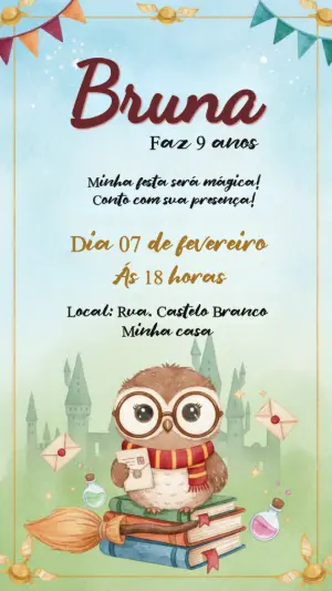 Convite de Aniversário Tema Harry Potter com Coruja Editável