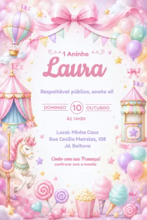 Convite de Aniversário Circo Rosa e Carrossel Editável