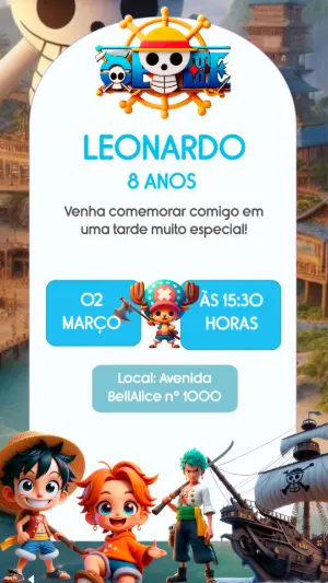 Convite de Aniversário One Piece Infantil Modelo Editável